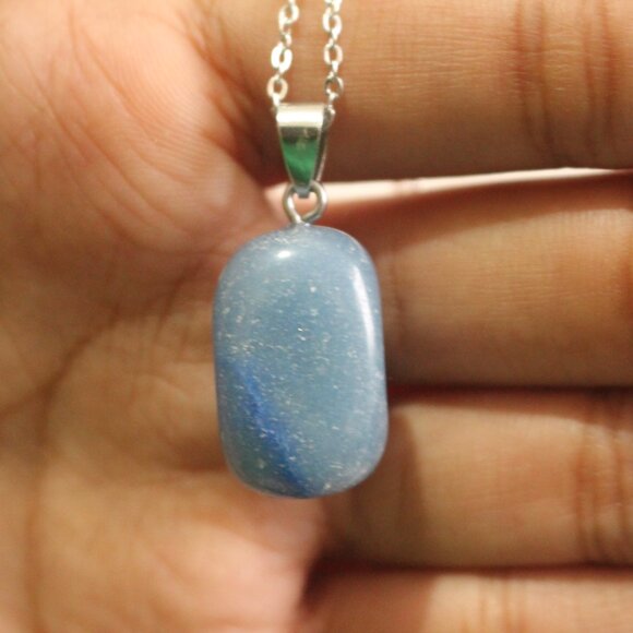 Blue Polished Stone Pendant Necklace on Silver Chain – Natural Gem Look - Picture 3 of 5